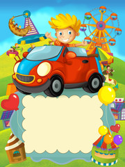 cartoon scene with boy in toy car in amusement park - space for text - illustration for children