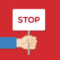 Hand holding white board. Banner with minimal icon. Stop. Concept of protest. Vector illustration, flat style.