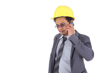 engineer using mobile phone isolated on white background