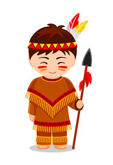 Cartoon Indian. Cute little kid in costume. Vector flat illustration.