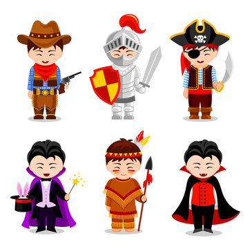 Boys in costumes on white background. Cowboy, vampire, knight, Indian, pirate, illusionist. Children's party. Vector flat illustration.
