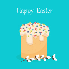 Easter cake and a willow branch. Vector illustration.