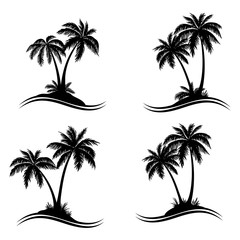 Fototapeta na wymiar Tropical Palm Trees, Black Silhouettes and Wave Lines Isolated on White Background. Vector