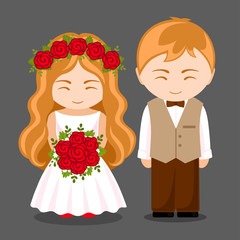 Beautiful newlywed couple. Bride with bouquet of red roses and groom. Wife and husband. Cute cartoon characters. Vector flat illustration.