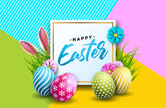 Vector Illustration of Happy Easter Holiday with Painted Egg, Rabbit Ears and Flower on Colorful Background. International Spring Celebration Design with Typography for Greeting Card, Party Invitation