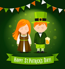 Happy Saint Patrick's Day. Girl and boy with glass of beer on a green background. Card, banner, poster, invitation, print. Vector illustration.