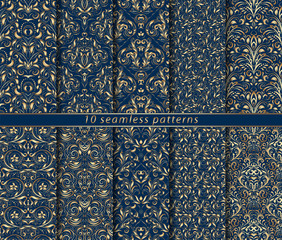 Collection of seamless gold patterns on blue background. Rich ornamentation in the Baroque style. Ten vector illustrations for textile design, packaging, printing or paper.