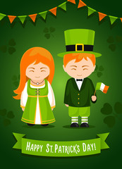 Happy Saint Patrick's Day. Poster, card, invitation, print.  Ginger girl and boy with irish flag. Vector illustration.