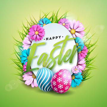 Vector Illustration of Happy Easter Holiday with Painted Egg and Color Flower on Shiny Green Background. International Spring Celebration Design with Typography for Greeting Card, Party Invitation or