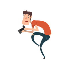 Professional male photographer paparazzi with camera sneaking vector Illustration on a white background