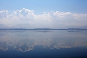 Waterscape of lake with cloudy sky reflection