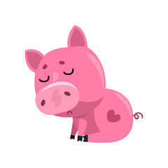 Sad pink cartoon baby piglet sitting, cute little piggy character vector Illustration on a white background