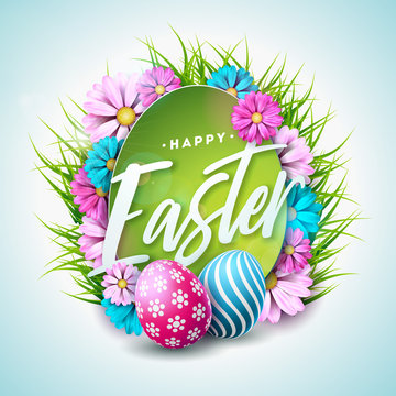 Happy Easter Holiday Illustration with Painted Egg, Flower and Green Grass on White Background. Vector International Spring Celebration Design Template with Typography for Greeting Card, Party