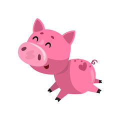 Pink funny smiling cartoon pig running, cute little piggy character vector Illustration on a white background