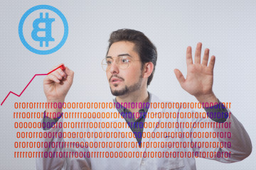 A pile of golden bitcoins on a solid backdrop