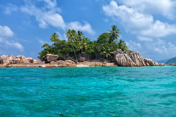 Beautiful tropical St. Pierre Island with palms and granite rocks, Seychelles