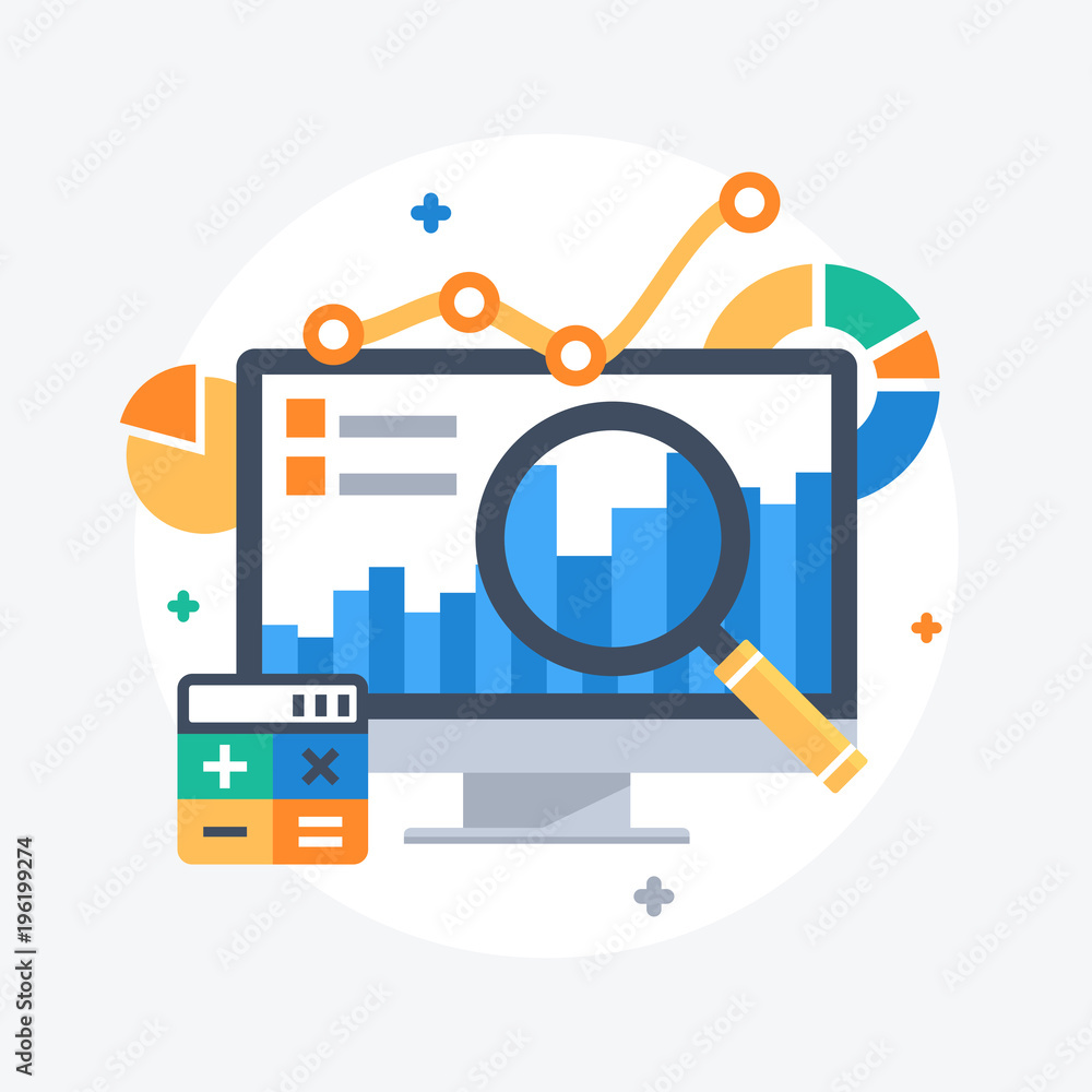 Poster flat design modern vector illustration concept of website analytics search information.