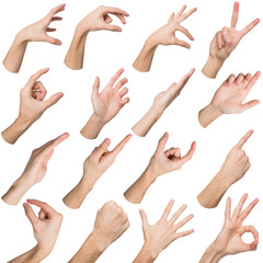Set of white male hands showing symbols