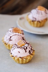Delicious cakes with berry cream and chocolate sauce