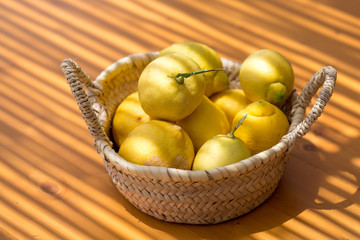 Gelbe Zitronen in Strohkorb auf mediteranem Tisch im Schatten