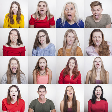 16 Menschen mit heraus gestreckter Zunge zeigen wie sehr sie sich ekeln