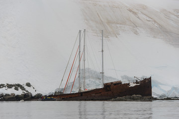 Two sailing yachts in the antarctic sea moored to rusty wreck
