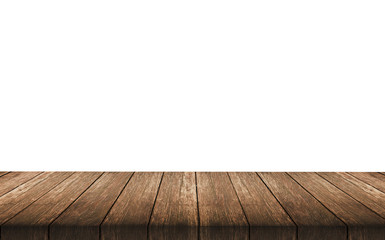 Wooden old table isolated on white background. For your product placement or montage with focus to the table top in the foreground