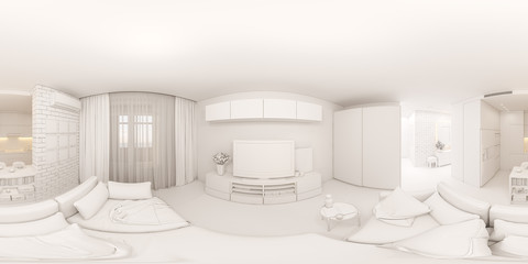 3d illustration spherical 360 degrees, seamless panorama interior of the living room, hall and kitchen. The interior design of the euro is a two room apartment in a Scandinavian style.