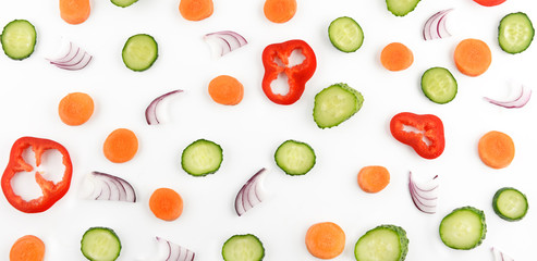 Abstract composition of vegetables. Vegetable pattern. Food background.Flat lay. Wide photo.