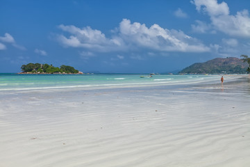 White coral sand on а tropical beach. Praslin island, Seychelles