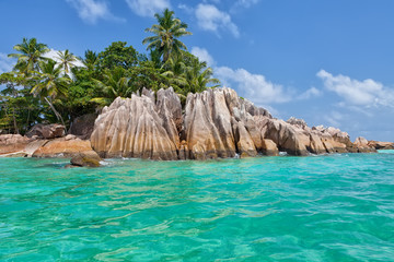 Fototapeta na wymiar Beautiful tropical St. Pierre Island with palms and granite rocks, Seychelles