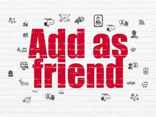 Social media concept: Painted red text Add as Friend on White Brick wall background with  Hand Drawn Social Network Icons