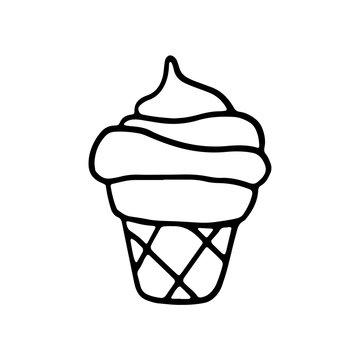 Sweet Cartoon Hand Drawn Ice Cream. Cute Vector Black And White Doodle Ice Cream. Isolated Monochrome Ice Cream Drawing On White Background.