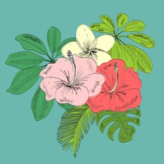 Obraz premium Tropical vector illustration with leaves and flowers.