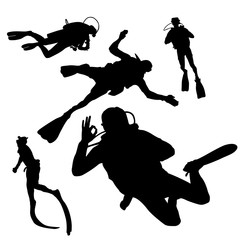 Black silhouette of diving on whit background