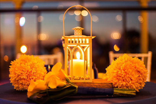 Candle Lantern Sweetheart Table Wedding Decor At Sunset With Bokeh