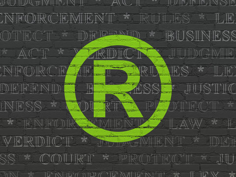 Law concept: Painted green Registered icon on Black Brick wall background with  Tag Cloud