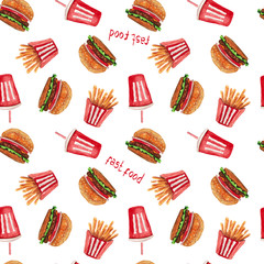 Watercolor hand drawn sketch illustration seamlless pattern background with fast food hamburger, french fries, drink and lettering Fast Food on white
