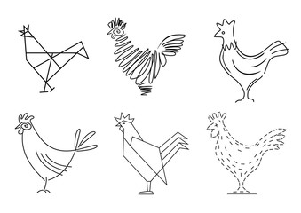 Set of sketches of a rooster. Stylized icons in vector graphics. Blank badges for brands