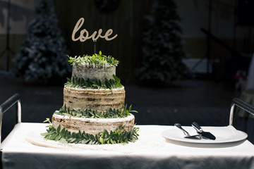 Wedding cake decorated with leaves