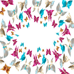 Fototapeta premium Framed by a frame of jewelry butterflies in the form of gems, mother of pearl, rubies, sapphires and gold