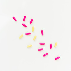 Medical concept. Healthy concept with vitamins on white background. Flat lay, top view.