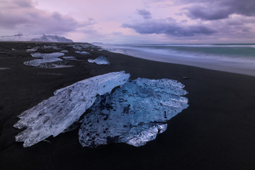 Diamond Beach, or Jokulsarlon beach, on the black sands of southern Iceland