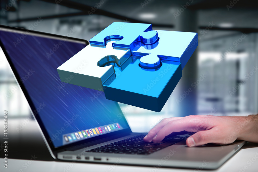Poster four puzzle pieces making a logo on a futuristic interface - 3d rendering