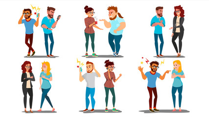 Quarrel People Set Vector. Concept Office Workers, Wife Husband Relationship Characters. Conflict. Disagreements. Negative Emotions. Quarreling People. Angry Colleagues. Shouting. Cartoon Illustration