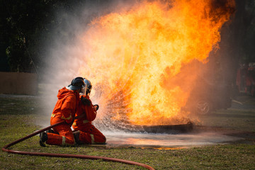 Fototapeta premium Firefighters training, Team practice to fighting with fire in emergency situation..Spray water to the flame
