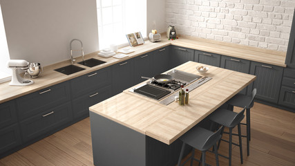 Classic kitchen with modern wooden details and big window, white and gray minimalistic interior design, top view