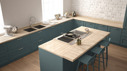 Classic kitchen with modern wooden details and big window, white and blue minimalistic interior design, top view