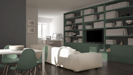 Modern living room with workplace corner, big bookshelf and dining table, minimal white an green architecture interior design