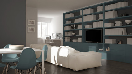Modern living room with workplace corner, big bookshelf and dining table, minimal white an blue architecture interior design